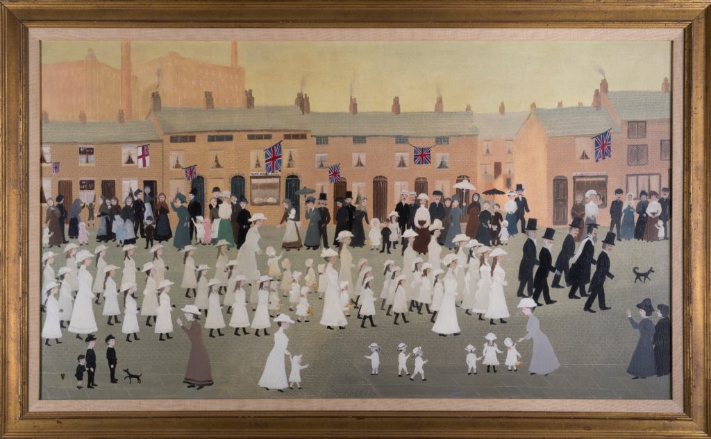 painting with a procession of people dressed in white dress in an old fashioned square with Union Jack flags.