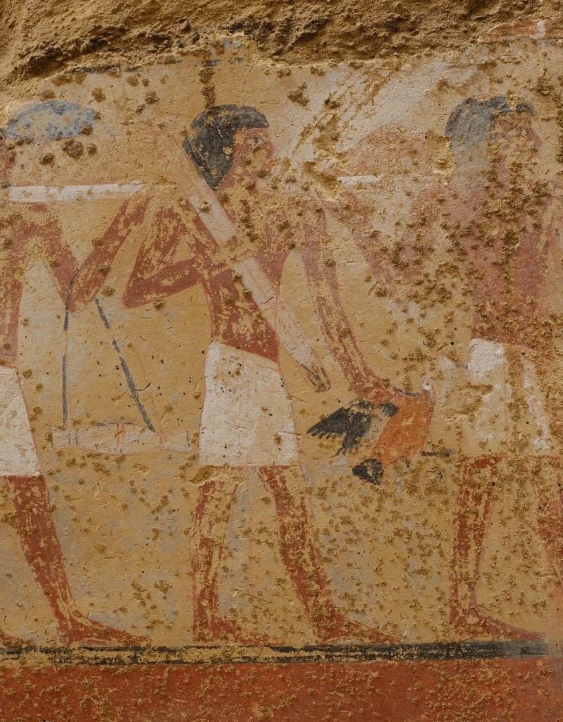 Egyptian painting of a person carrying a bird