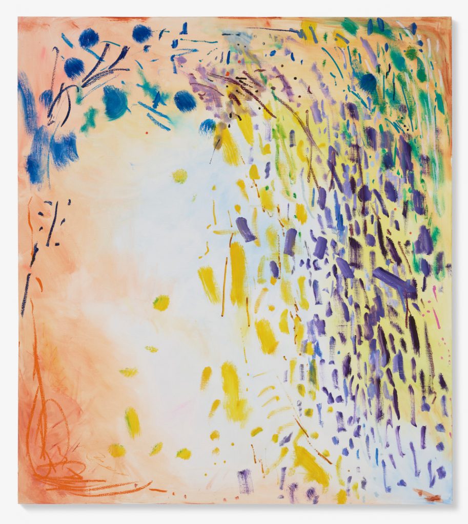 A color photo shows an abstract painting with a white background splashed with orange washes and minute strokes of various other colors.