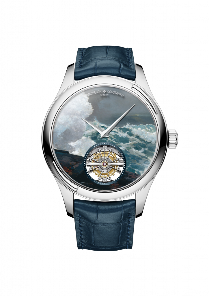 a watch with a miniature version of the stormy sea scene painted on its face.
