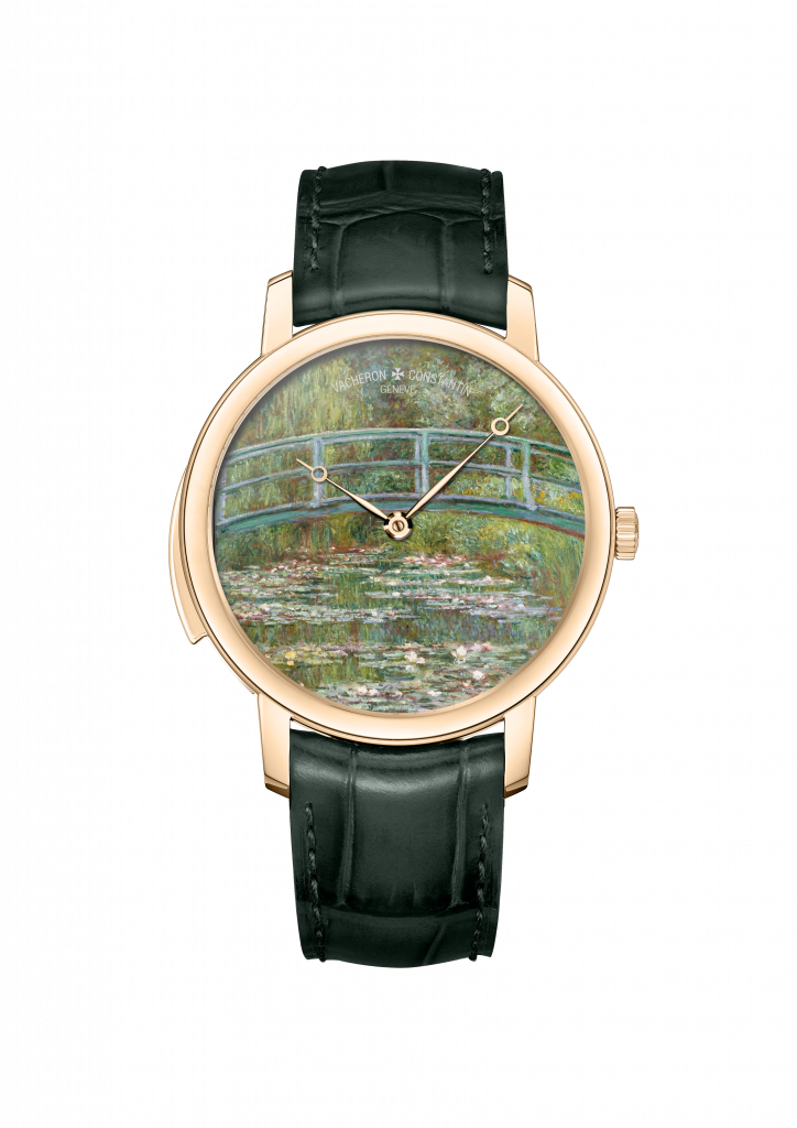A rendering of a painting of waterlilies in a pond on a watch face.