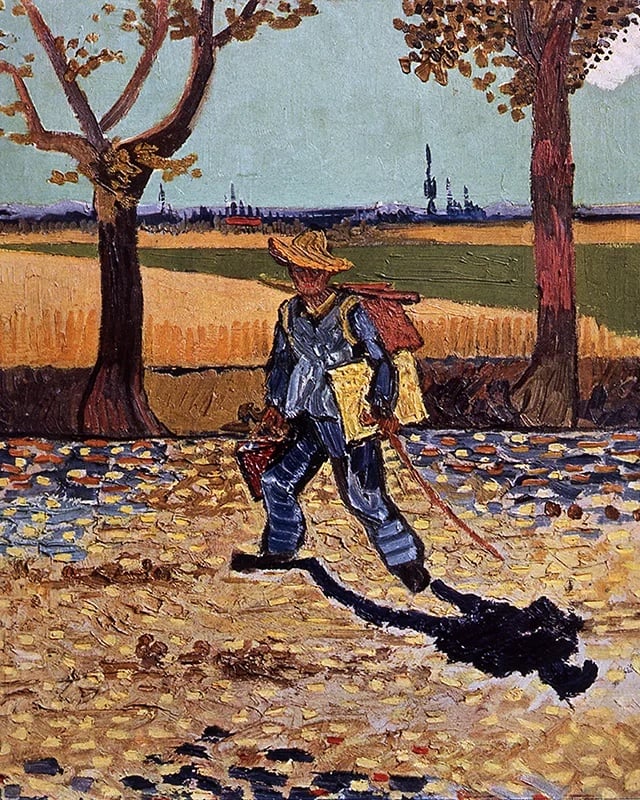 Van Gogh's self-portrait as a traveler, capturing his contemplative spirit amidst the scenic journey, painted with bold brushstrokes and vibrant colors.