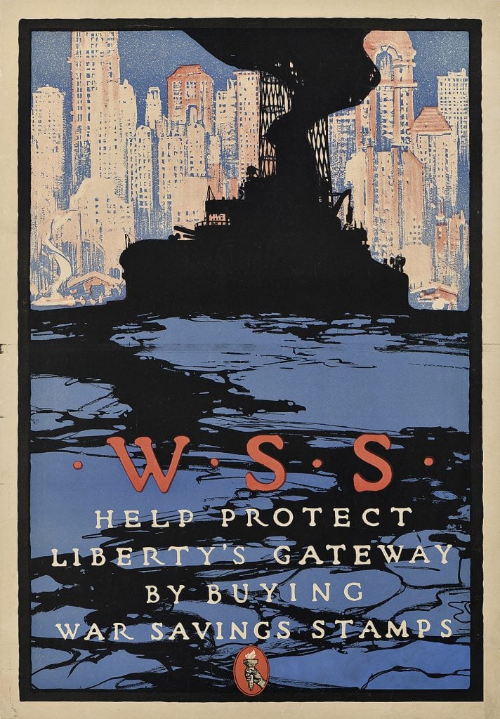 advertisement for war bonds with city in background