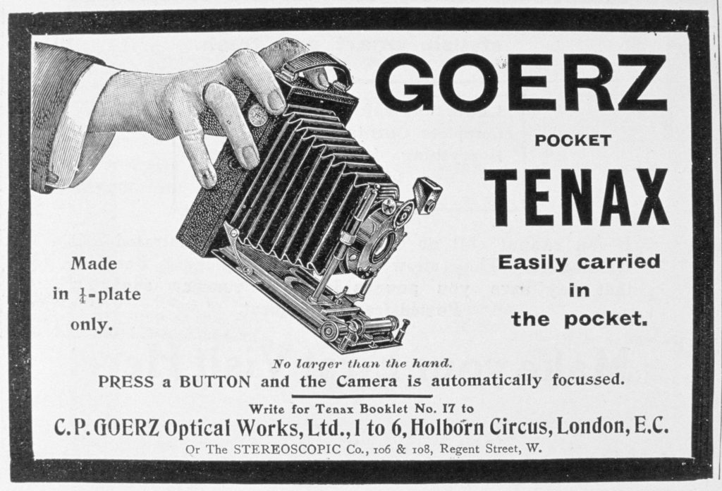 a vintage early 20th-century advertisement shows the Goers Pocket bellows camera