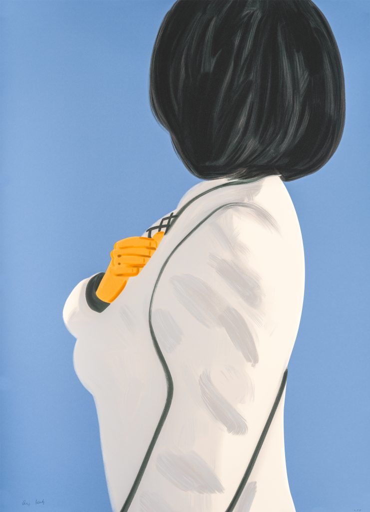 Half portrait of a woman looking away in white coat with shoulder length black hair with her hand on her chest. Completed in flat planes of color; periwinkle blue background.