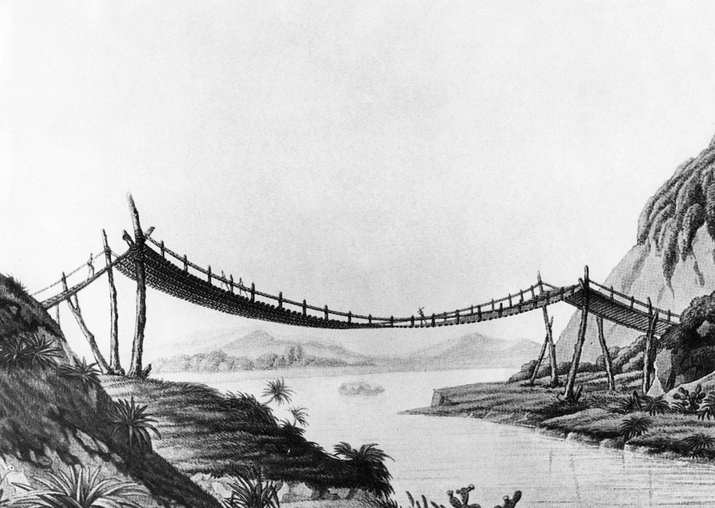 A black and white sketch of a rickety bridge over a river.