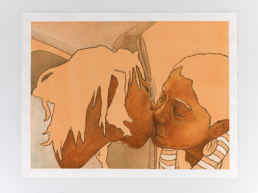 drawing on orange paper of a close up of two people kissing.