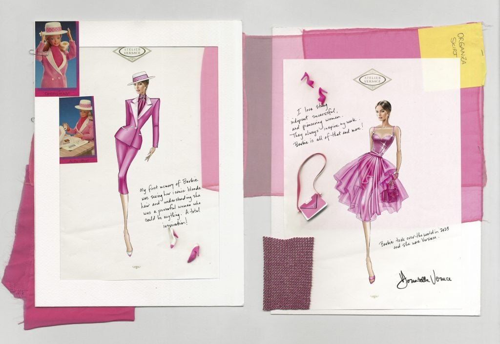 A Versace Atelier sketch of a pink suit with handwritten notes.