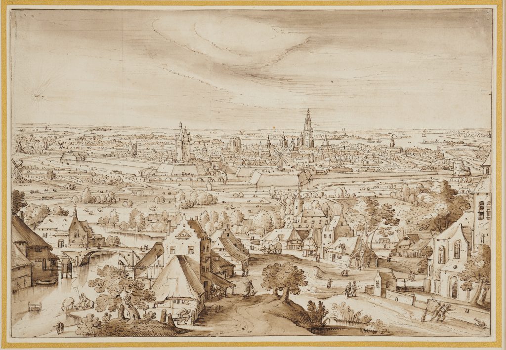 A scan of a very detailed hilltop sepia sketch of a sprawling Antwerp during the 16th century