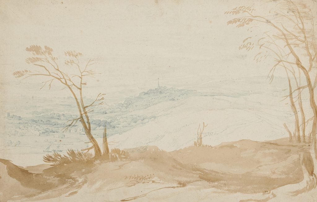 A scan of a drawing of a vast open hilly landscape with just two clumps of trees blowing in the wind