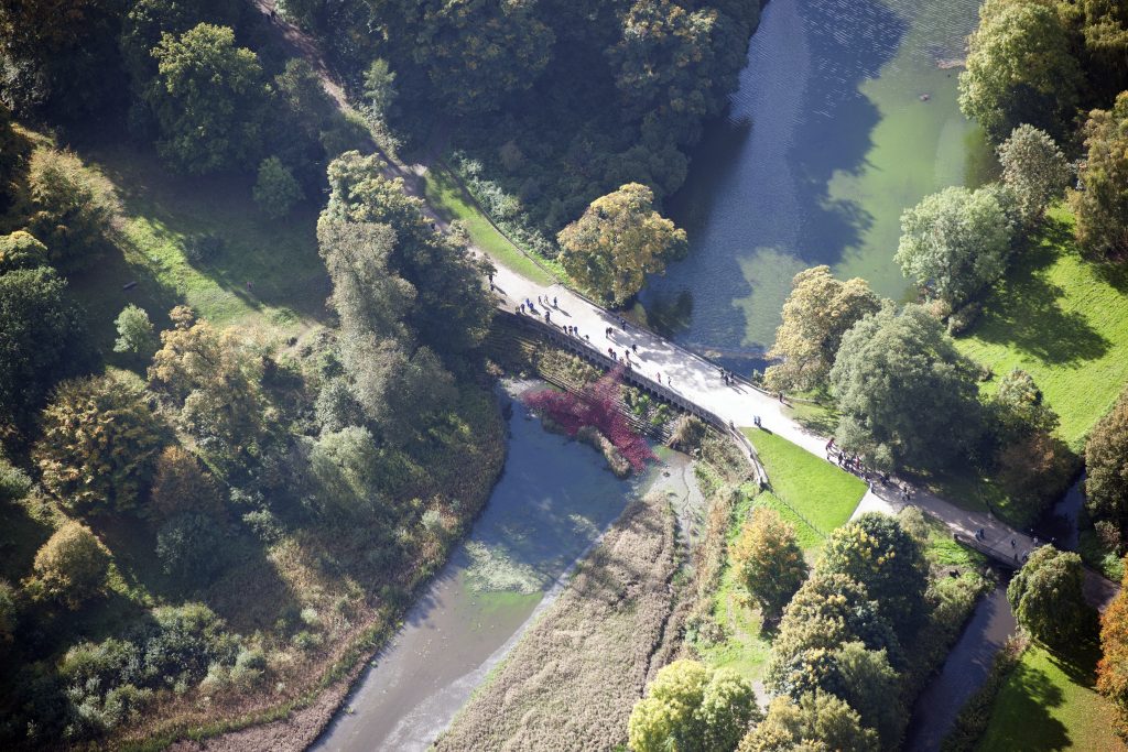 aerial shot of Cascade Bridge and Weir, Yorkshire Sculpture Park, Bretton Hall, Wakefield