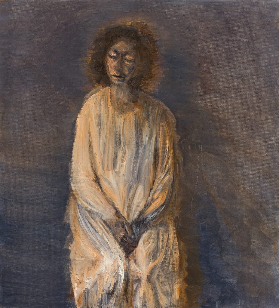 painting by celia paul of woman wearing a white nigth gown with holding her own hands on her lap 