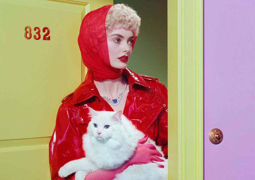 A woman in a red headscarf and matching red jacket holds a white cat