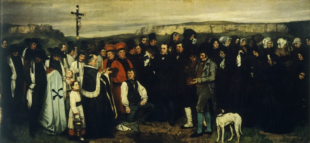 A large painting depicting a funeral procession in a rural setting.