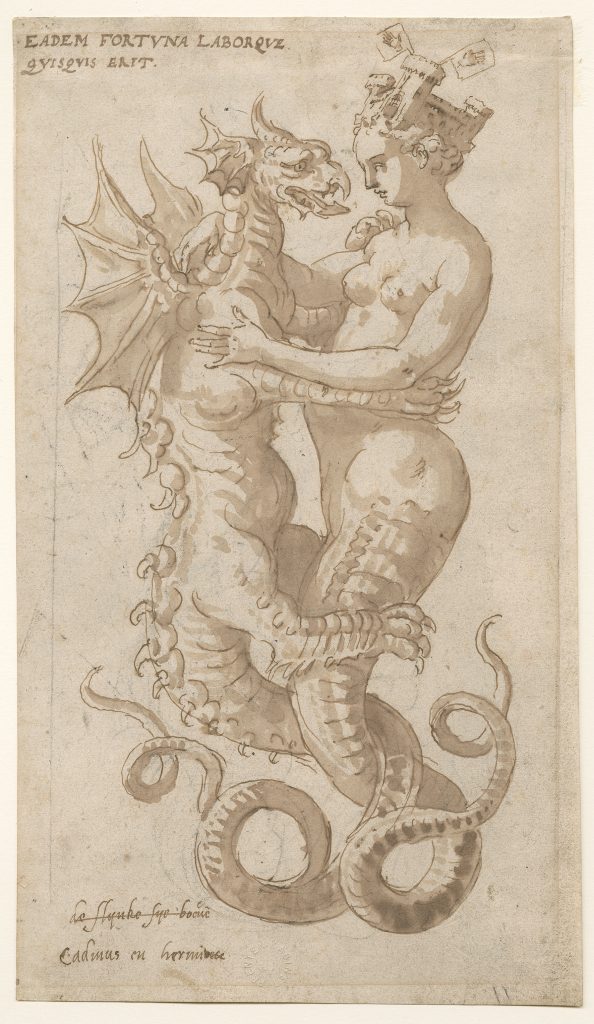 A scan of a detailed old drawing of a mythical reptile and mermaid embracing and wrapping their tails around each other