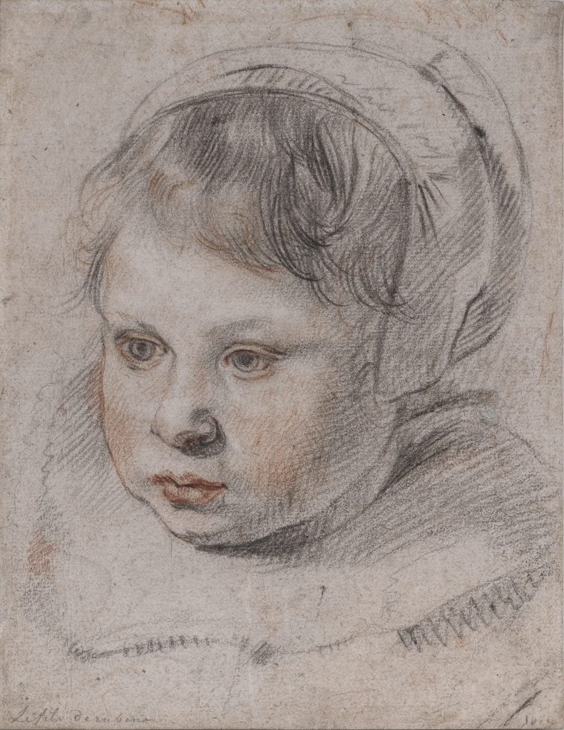 A scan of an unfinished, photorealistic drawing of a baby girl with rosy cheeks