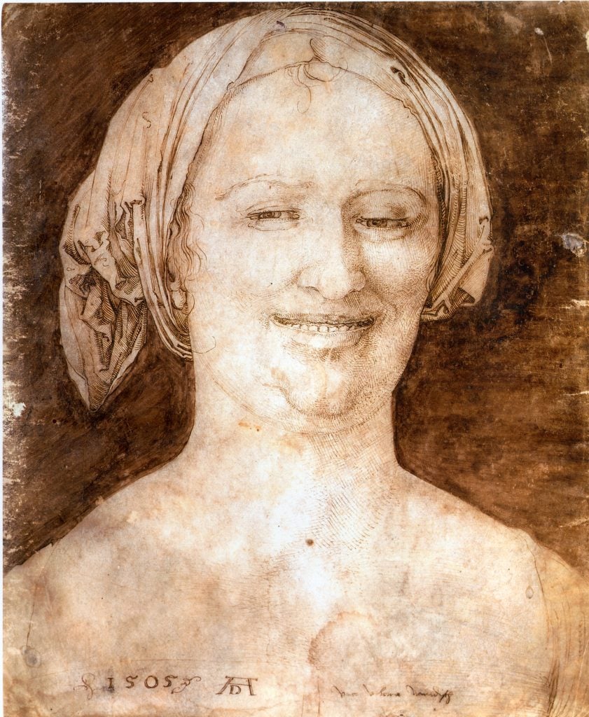 A sepia-toned sketch of a smiling female figure, attributed to the Renaissance artist Albrecht Dürer. The artwork features delicate line work, showcasing the woman's gently curving headscarf, her soft facial features, and the contours of her neckline. Notably, there are inscriptions at the bottom, suggesting the artist’s signature and perhaps the identity of the subject or a note from the artist. The paper shows signs of aging, with spots and a warm patina, adding to the historical character of the drawing.