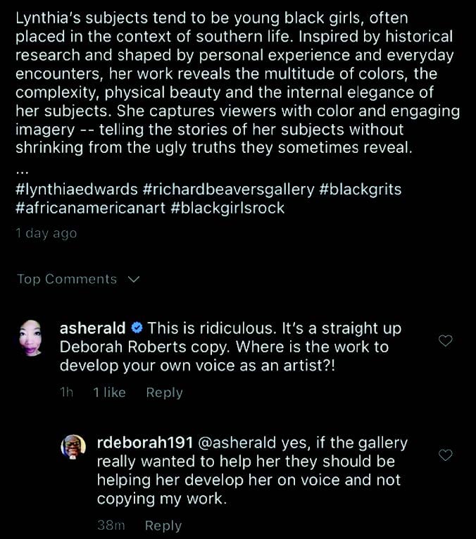 This is a screenshot of a social media post with a comment. The post describes an artist named Lynthia Edwards, mentioning her subjects are often young black girls and are inspired by historical encounters and the context of southern life. The comment below, from a user with a verified checkmark, criticizes the post, claiming it's a copy of Deborah Roberts' work and questions the originality of the artist's voice. Another user agrees, suggesting that the gallery should help the artist find their own voice instead of copying another artist's work.