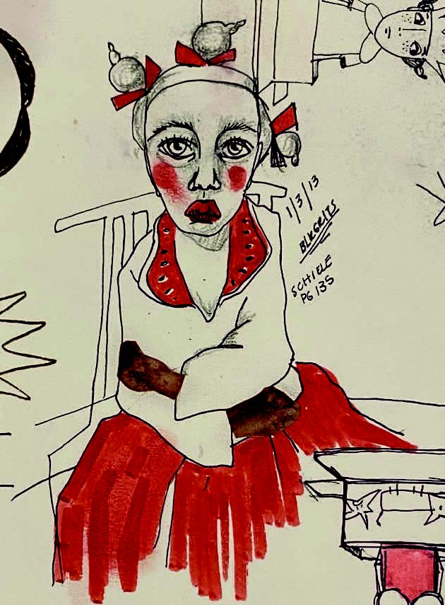 his is a drawing of a person with an expressive face, marked by red blush and lipstick. The individual has two buns adorned with red bows, and the outfit seems to have a collar with red details, suggesting a theatrical or clown-like costume. The drawing is accompanied by a date, "1/3/13," and a signature, which might be "BLKRTS," similar to the first image. Additional text, "SCHIELE PG 13," could indicate a reference or inspiration source.