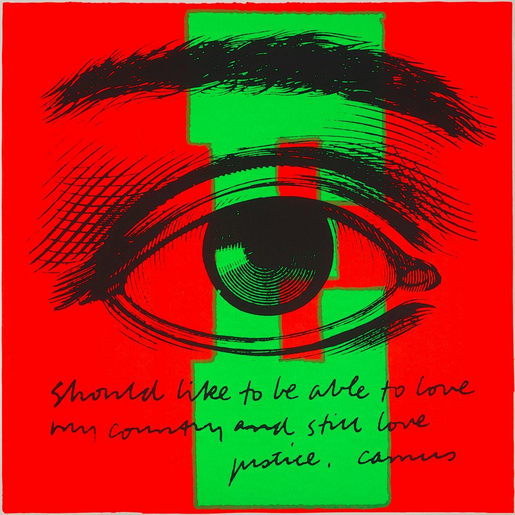 A drawing of an eye over a red and green background with handwritten text underneath
