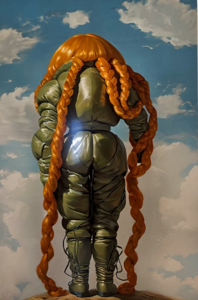 the back figure of Holly Herndon's likeness with long orange braids in an army green spacesuit-like outfit, with a blue sky and clouds in the background