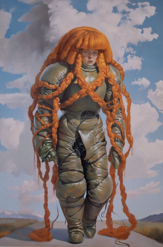 a woman with long orange braids in an army green spacesuit-like outfit, with a blue sky and clouds in the background