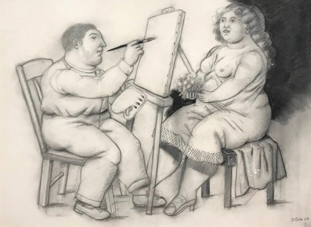 Pencil on paper drawing of a seated artist at an easel with a paintbrush behind which is a model also seated. Both are full figured and stylized typical of Botero figurative works.