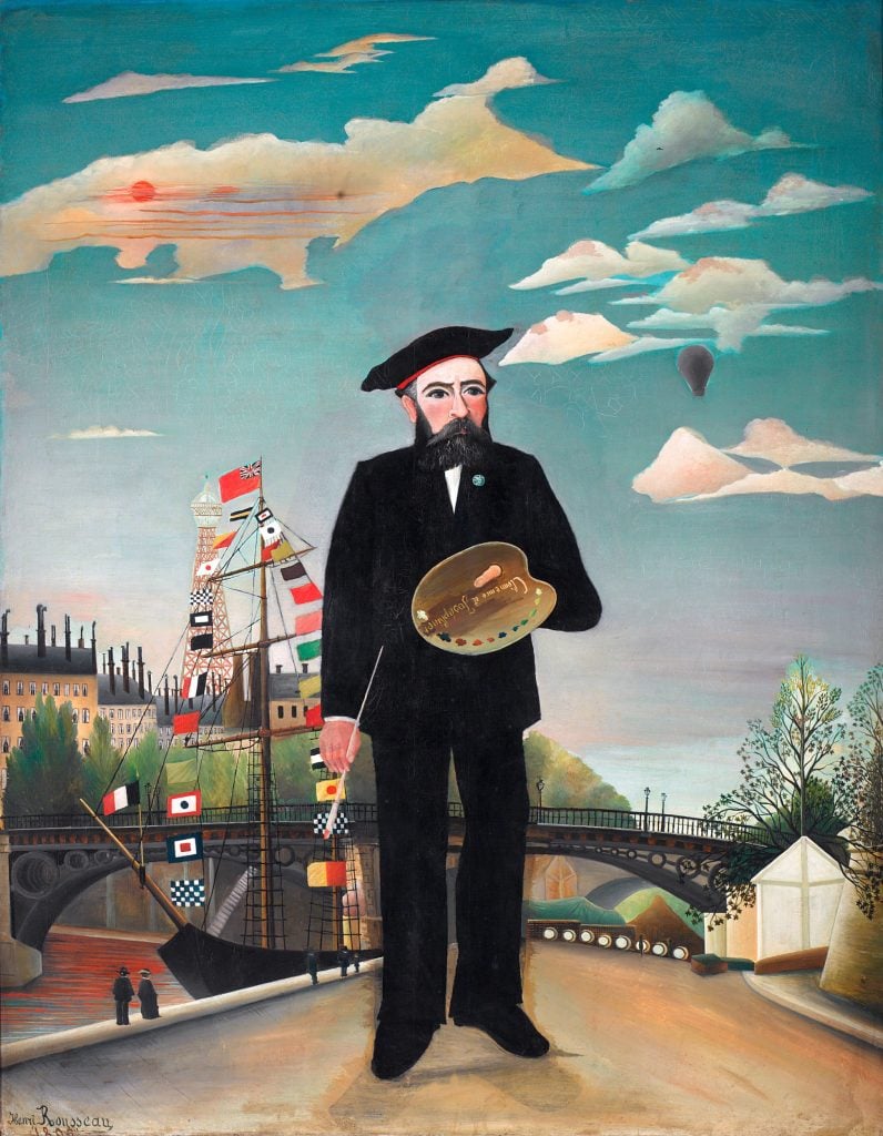 Henri Rousseau's self-portrait, depicting himself in a suit with paintbrush and palette in hand. A colorful cityscape of Paris is behind him, anchored by a boat decorated with many countries' flags.
