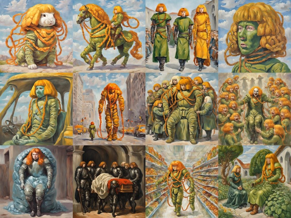 Holly Herndon is rendered in a collage of ai mutants with orange hair in army green attire, including a bunny, a mutant on horseback, and a figure that looks like the Joker from batman