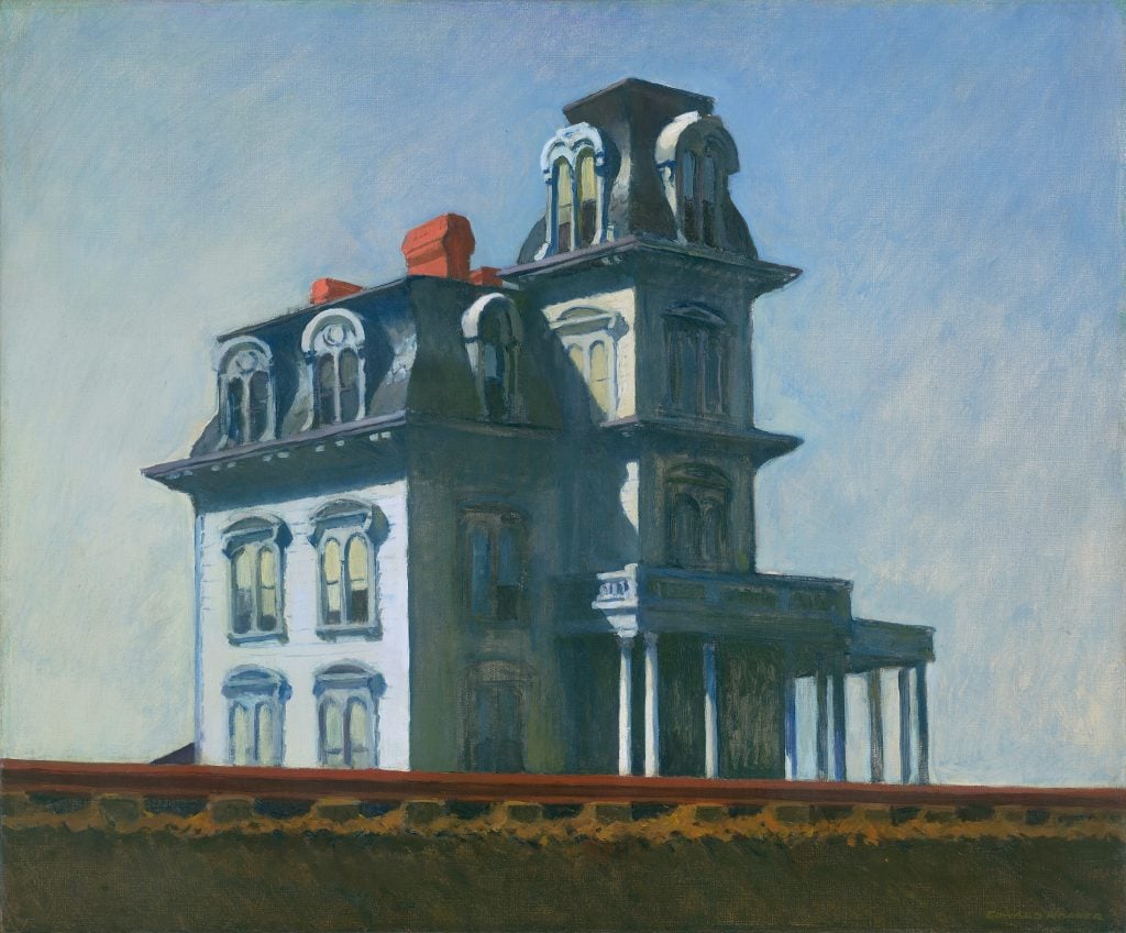 A painting of a house standing behind railroad tracks.
