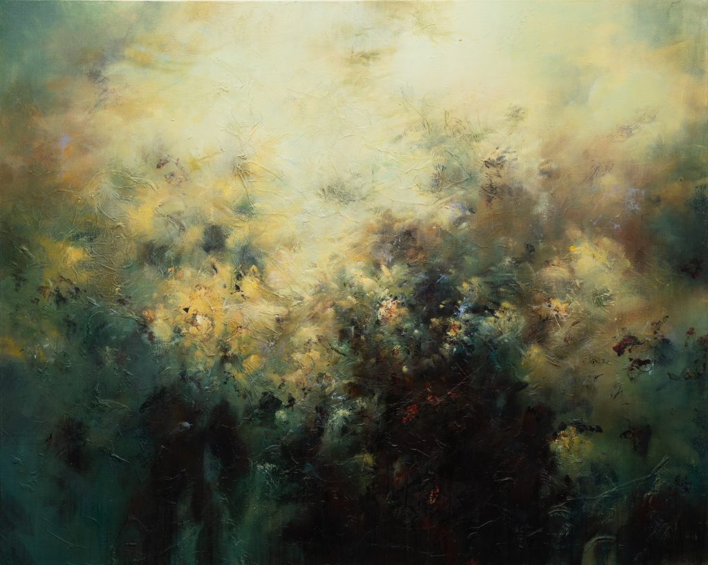 Abstract floral landscape in soft hazy tones.