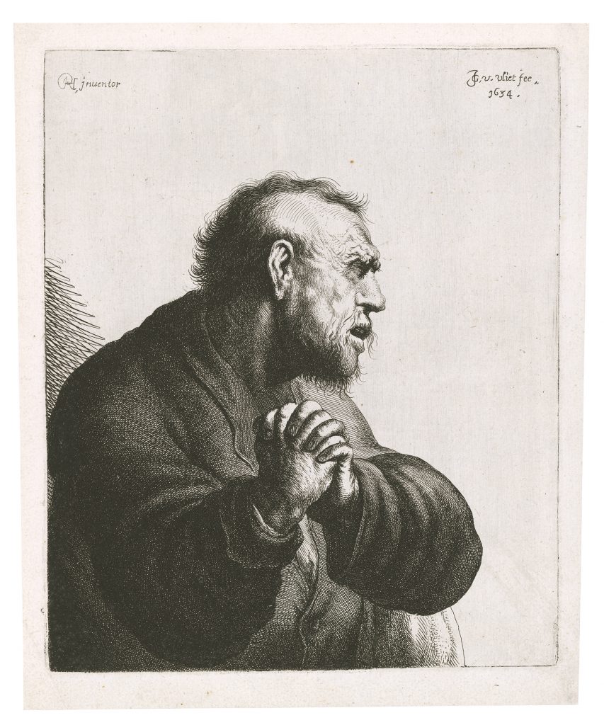 Etching showing a man with clasped hands and pained facial expression