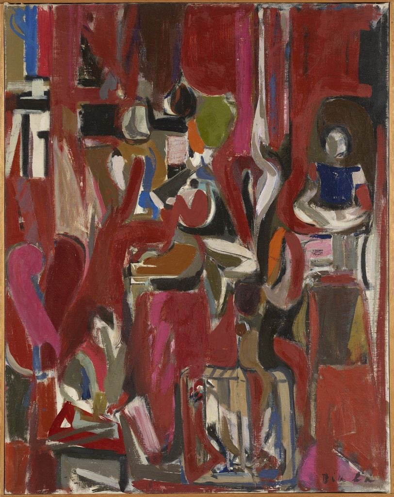 Abstract interior scene done predominantly in shades of red, with other colors like black, white, orange, blue, and green, in fulid marks across the center. The rough depiction of an abstract figure is along the right hand side.