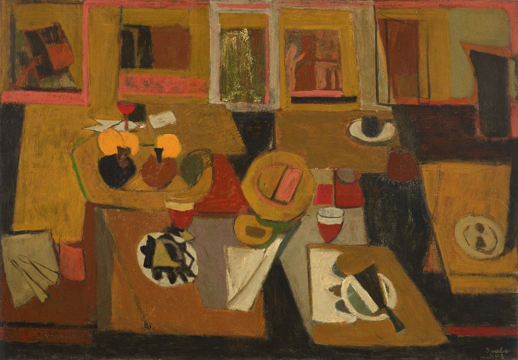 Semi-abstract geometric still life of a table featuring items like fruits and placesettings. Overall painting is completed in muted earth tones.