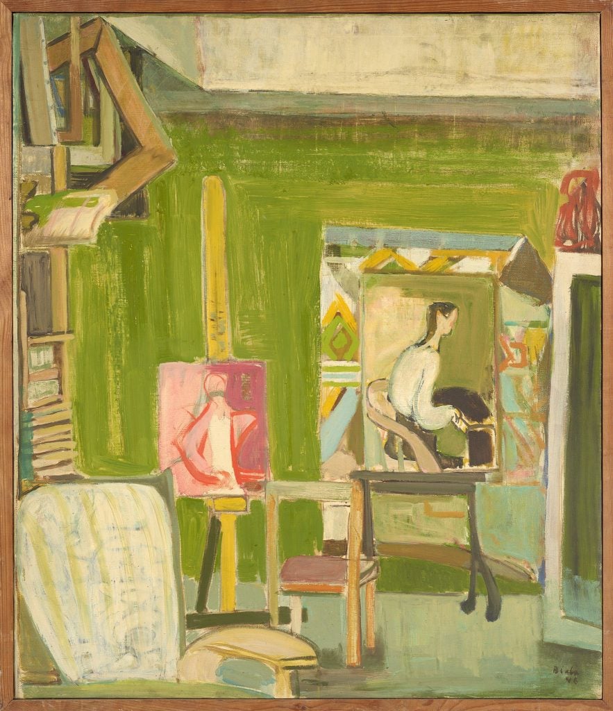 Painting completed in semi-abstraction featuring the artist's studio interior, two paintings are set on two easels, one of the pink panther the other of a figure. A chair is in the foreground and the walls are painted pea green.