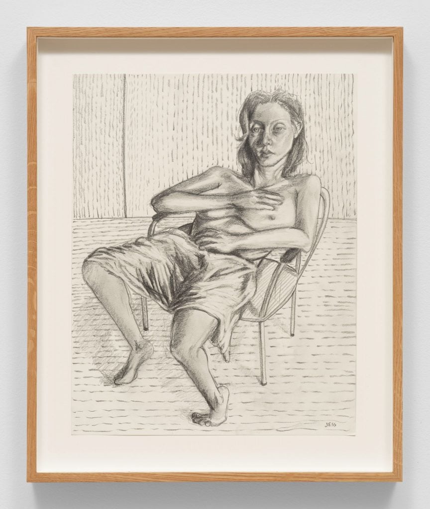 Pencil on paper self portrait of the artist wearing only shorts and reclining in a chair.