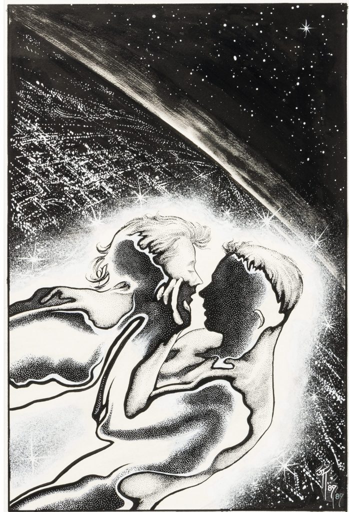 A drawing of a man and woman embracing high above the planet, under a starry sky