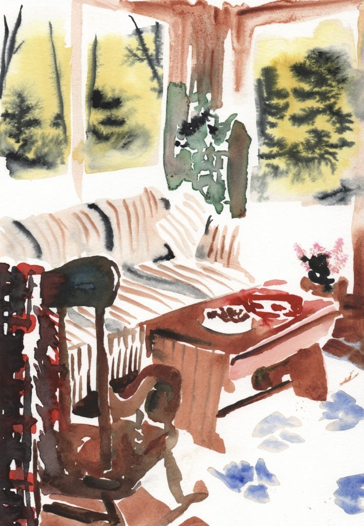 A watercolor interior room lined with windows and featuring a sofa, chair, and coffee table with trees outside.
