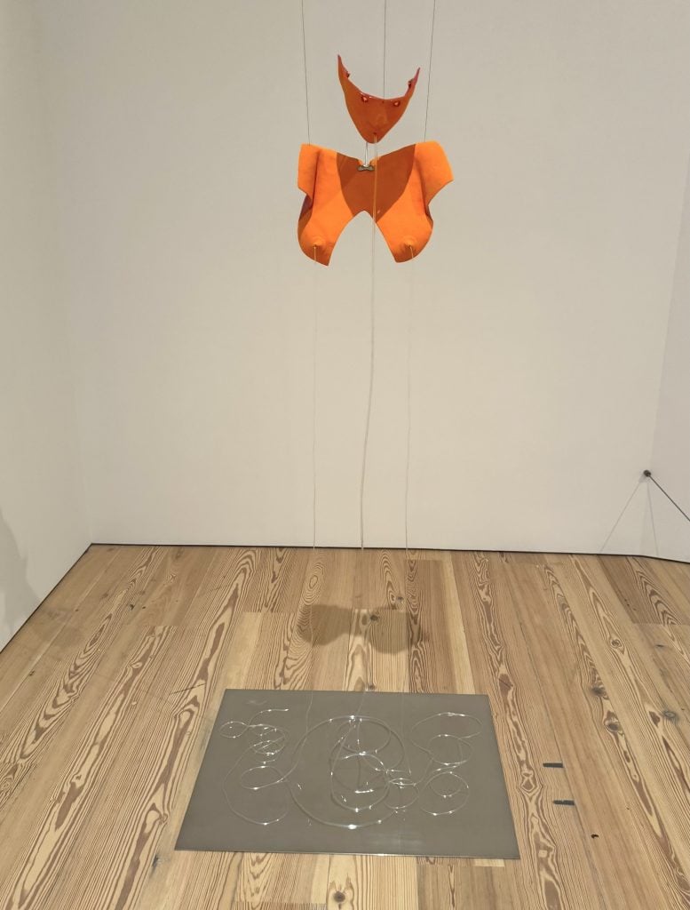 A sculpture of a suspended orange fragmented female body with tubes coming out of it