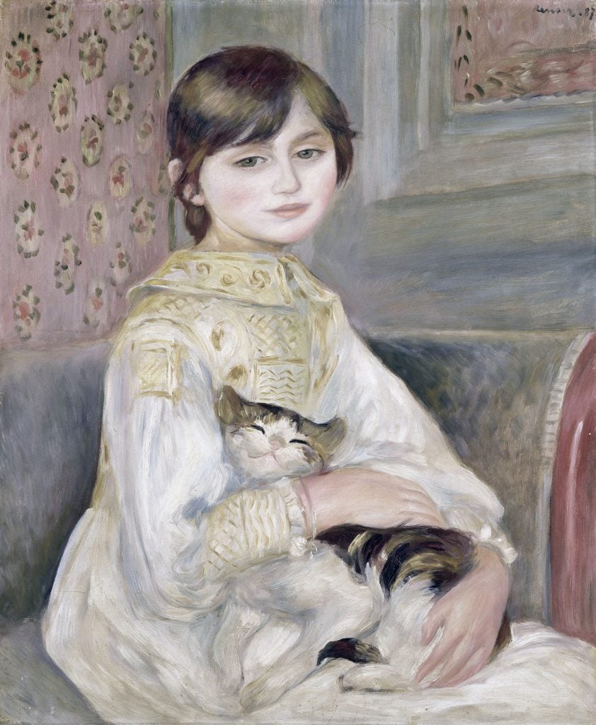 A painting of a young girl holding a cat in her lap, by Pierre-Auguste Renoir