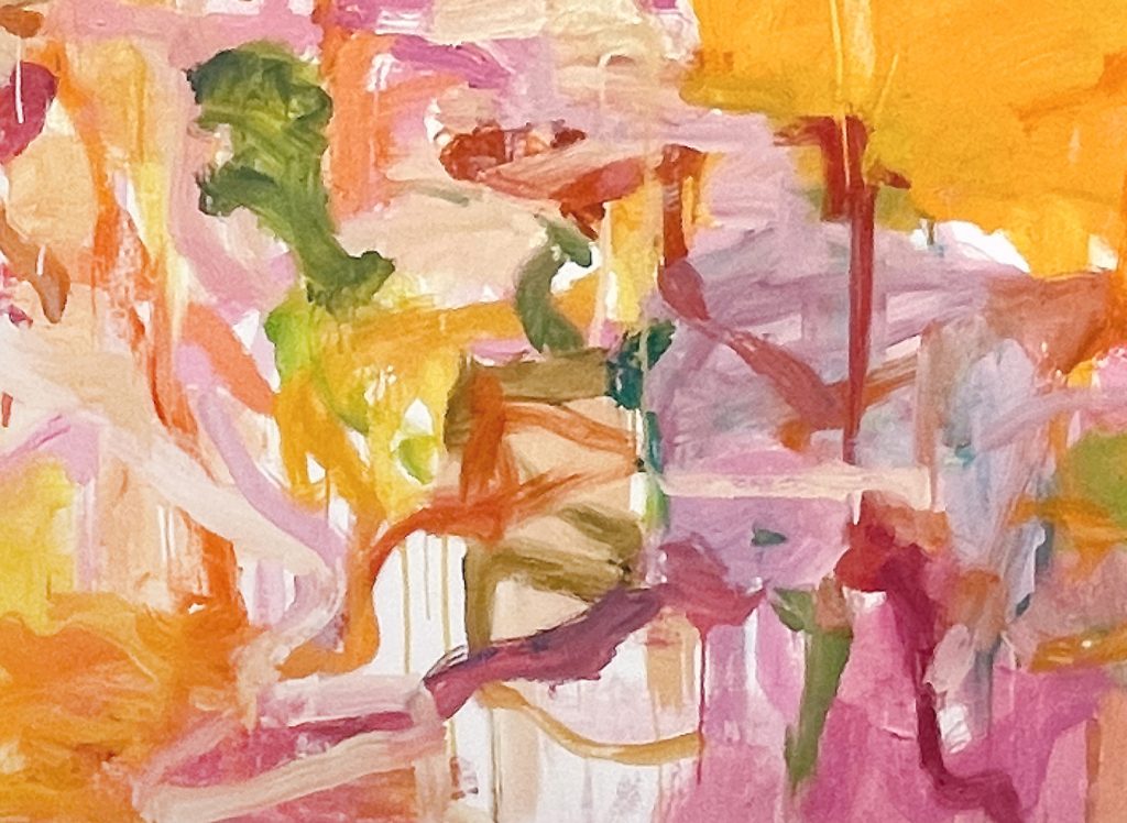 Abstract painting full of gestural brushstrokes of sherbet orange, bubblegum pink, red, and puce.