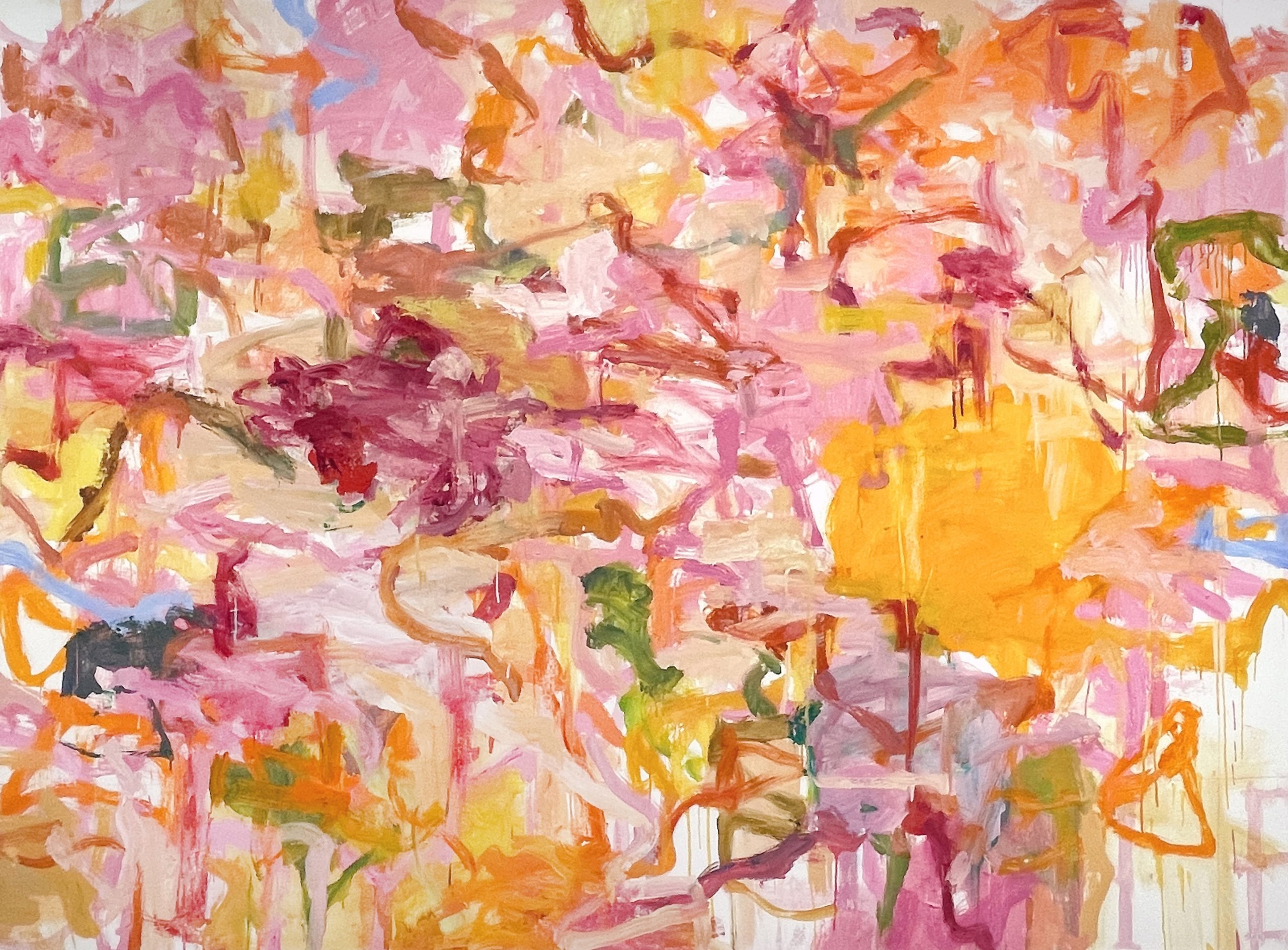 Abstract painting full of gestural brushstrokes of sherbet orange, bubblegum pink, red, and puce.