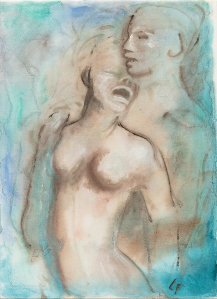 impressionistic painting by leonor fini depicting two figures, female in the foreground with eye closed and mouth open as if in pleasure up against a male body