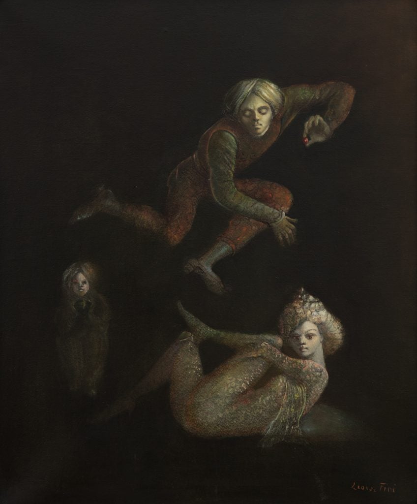 painting by leonor fini of thre figures suspended on the black canvas