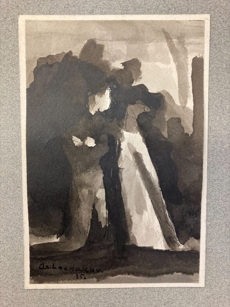 A greyscale watercolor drawing 