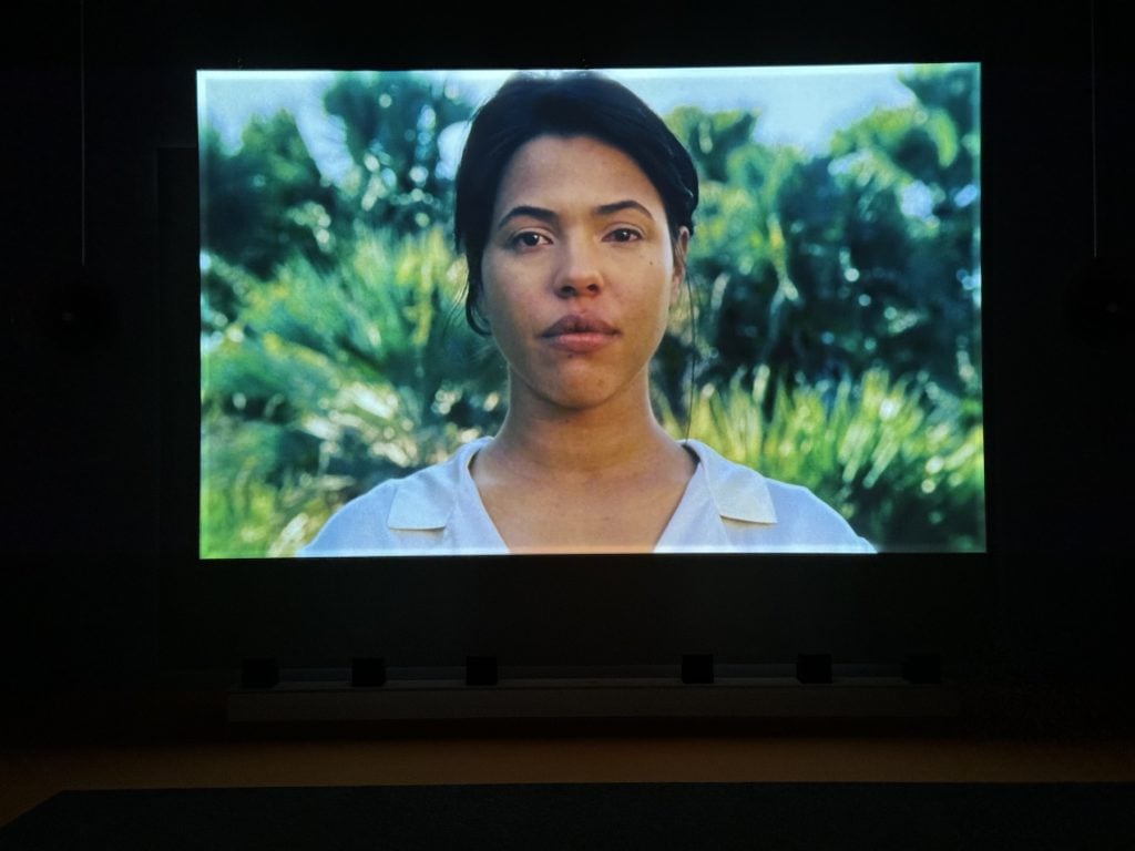 A film playing in a darkened gallery featuring a close-up of a woman's face framed against a tropical landscape