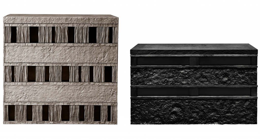 photographs of two boxes made by peter marino, one in bronze and one in black side by side
