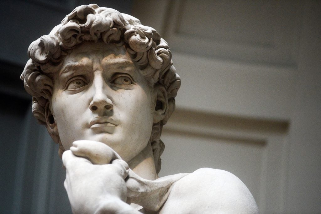 Close-up on the face of David, a sculpture by Michelangelo