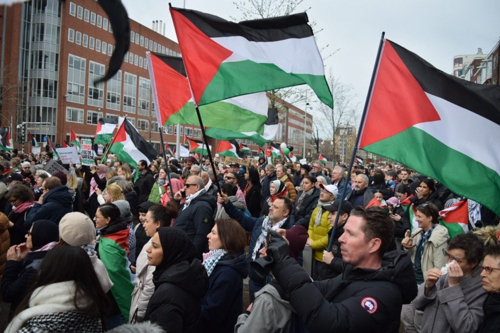 protestors wave palestinian flags in amsterdam.