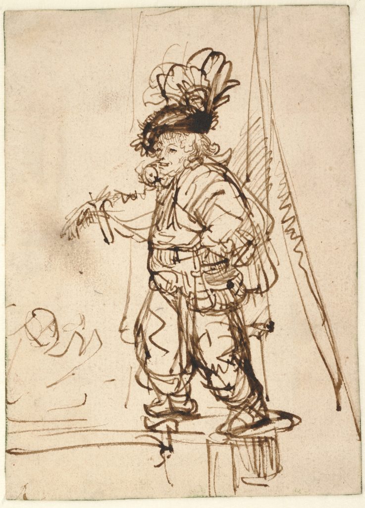 A Rembrandt drawing of a man in elaborate costume and headdress